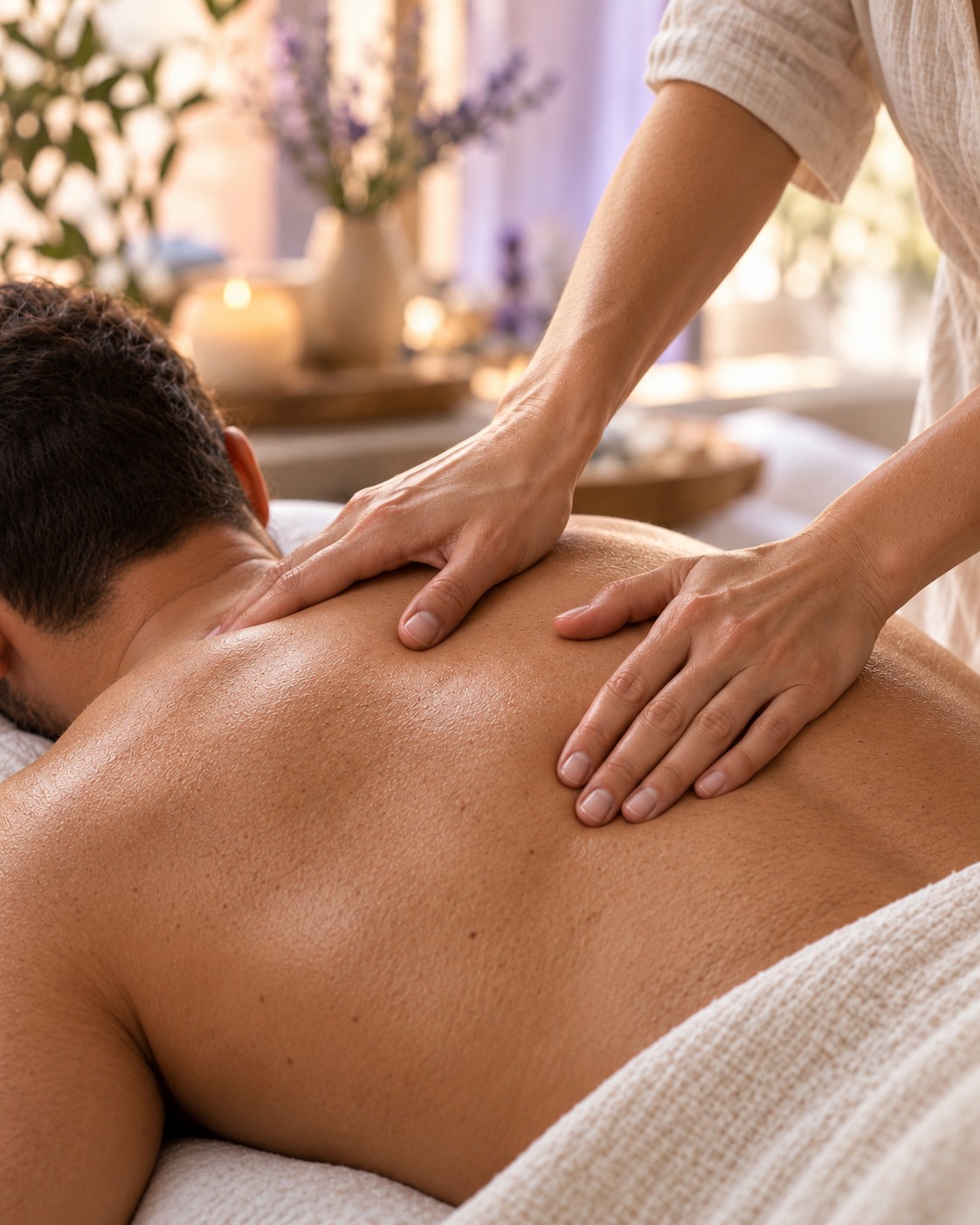 A woman’s hands gently providing bodywork to a male client in a peaceful wellness setting